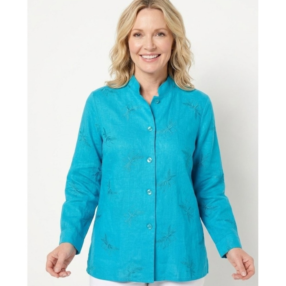 Vintage Blue Linen Blend‎ Floral Embroidered Long Sleeve Button Down Large